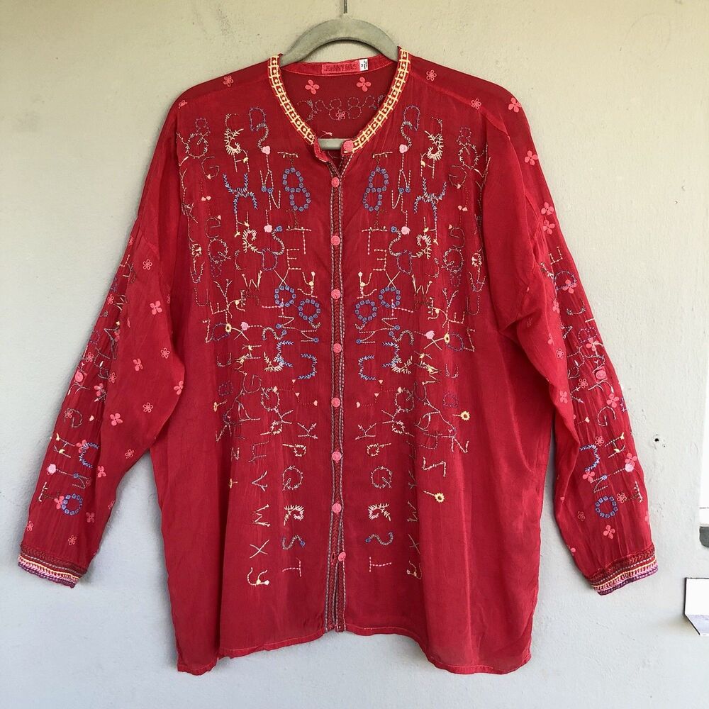Johnny Was Embroidered Tunic Top M Red Alphabet Long Sleeve Boho Resort Rare